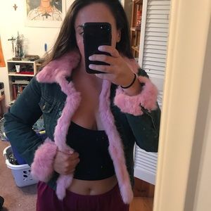 baby pink faux fur trim denim jacket